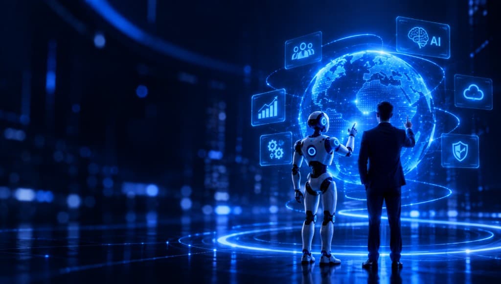 A human and an AI robot collaborating in front of a digital globe