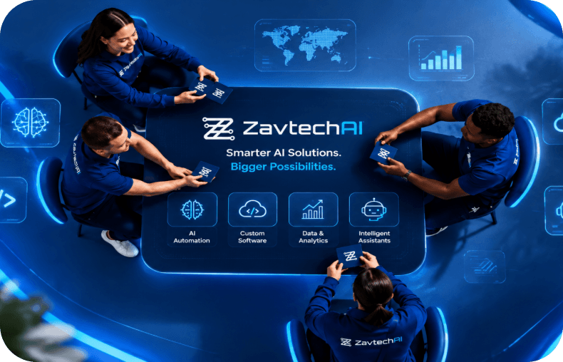 ZavtechAI team collaborating around a digital strategy table