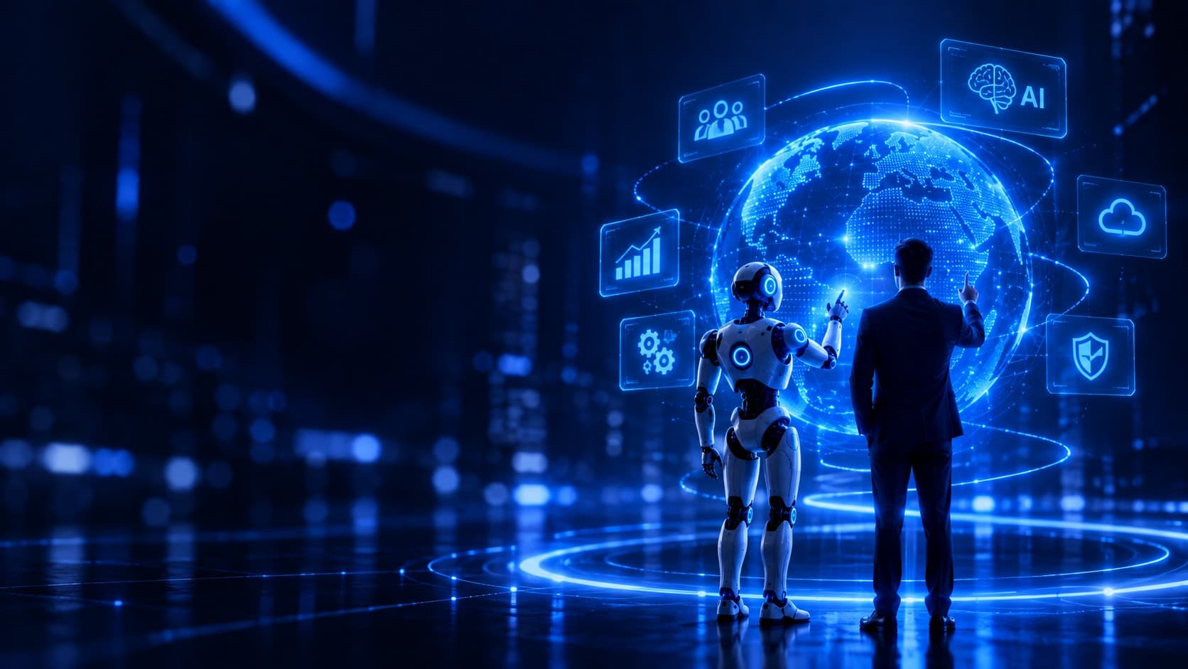 A human and an AI robot exploring a holographic digital globe