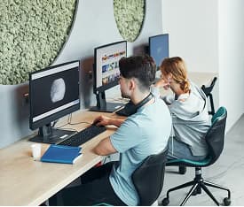 Two colleagues working at desktop computers
