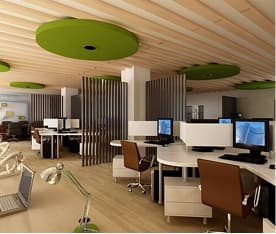 Modern office workspace with green ceiling details