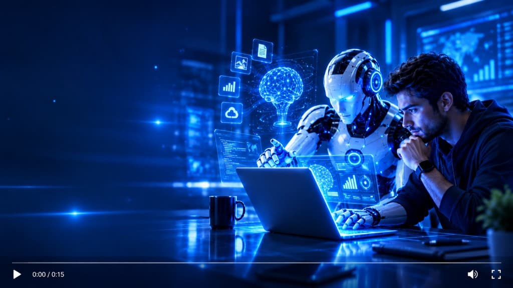 Engineer collaborating with an AI robot on digital business solutions
