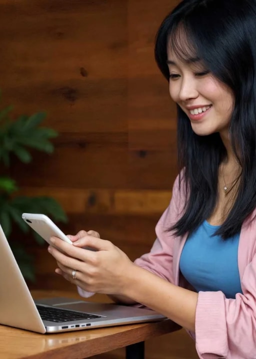 Person smiling while using a phone at a laptop