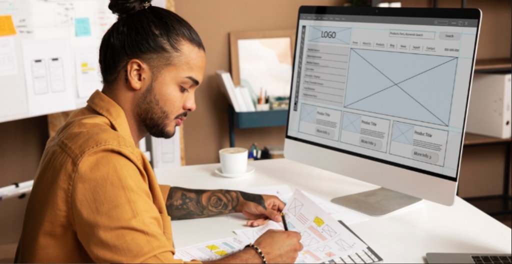 Designer reviewing wireframes at a desk