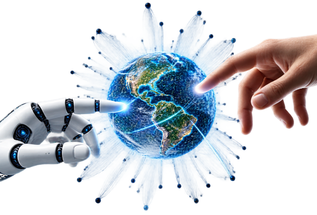 A robotic hand and a human hand connecting through a networked globe